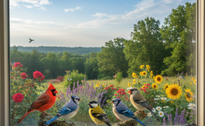 birdwatching through window reflection